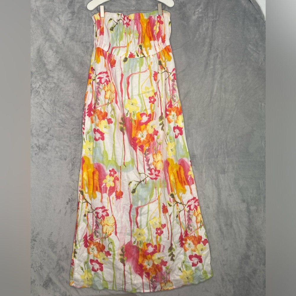 Old Navy Womens Linen Maxi Strapless Dress Floral Cottagecore Festival Boho Sz L